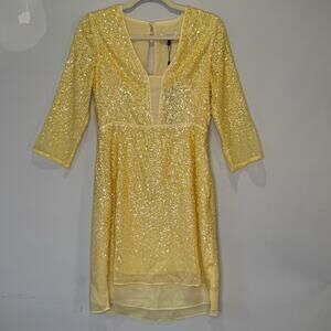 NWT Halston Heritage Sequin High Low V-neck Cocktail Mini Dress Camomile Sz 2
